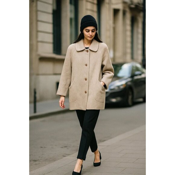 Herman Kay Vintage Wool Coat Oatmeal Tan Button-Up Lined Shoulder Pads Sze Large - Picture 1 of 8